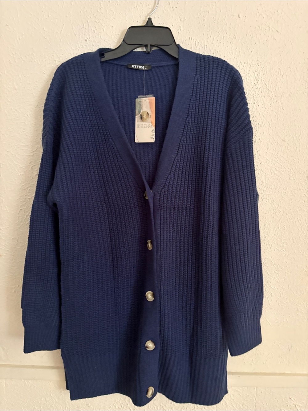 RiffRaff Navy Ribbed Button-Front Cardigan